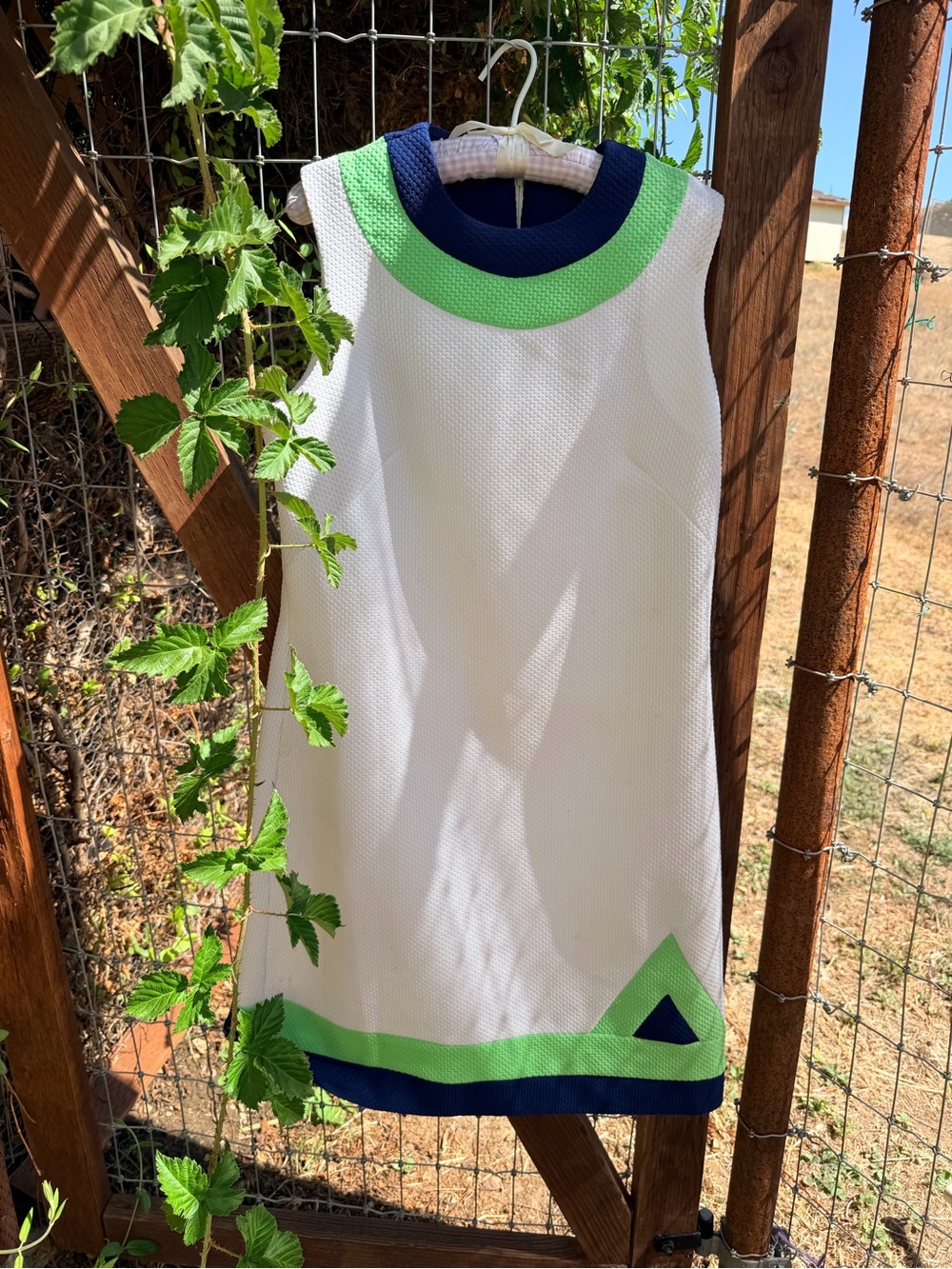 Vintage White Midi Shift Dress with Green and Navy Trim